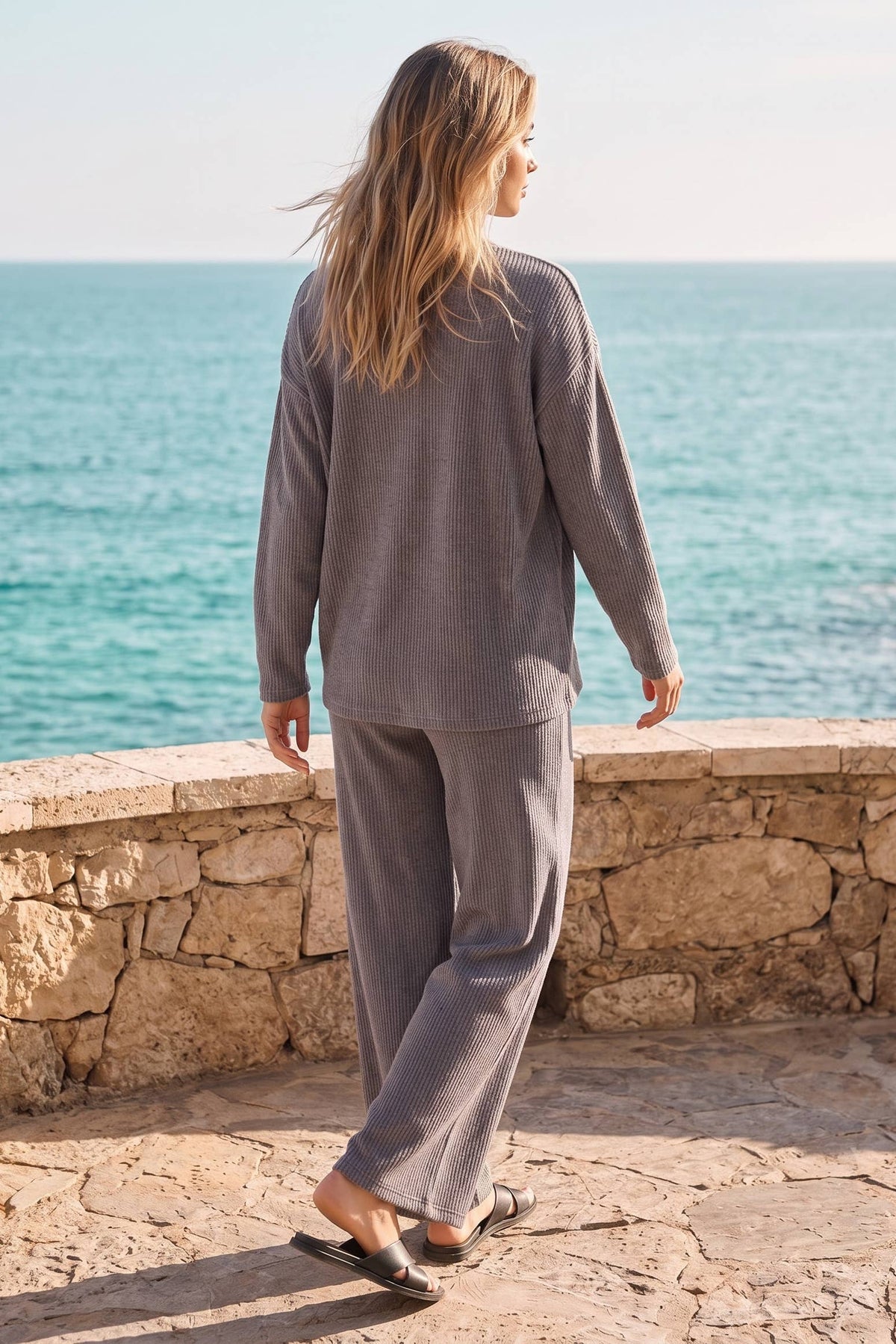 2-Piece Ribbed Knit Long Sleeve Top + Relaxed Pant Set