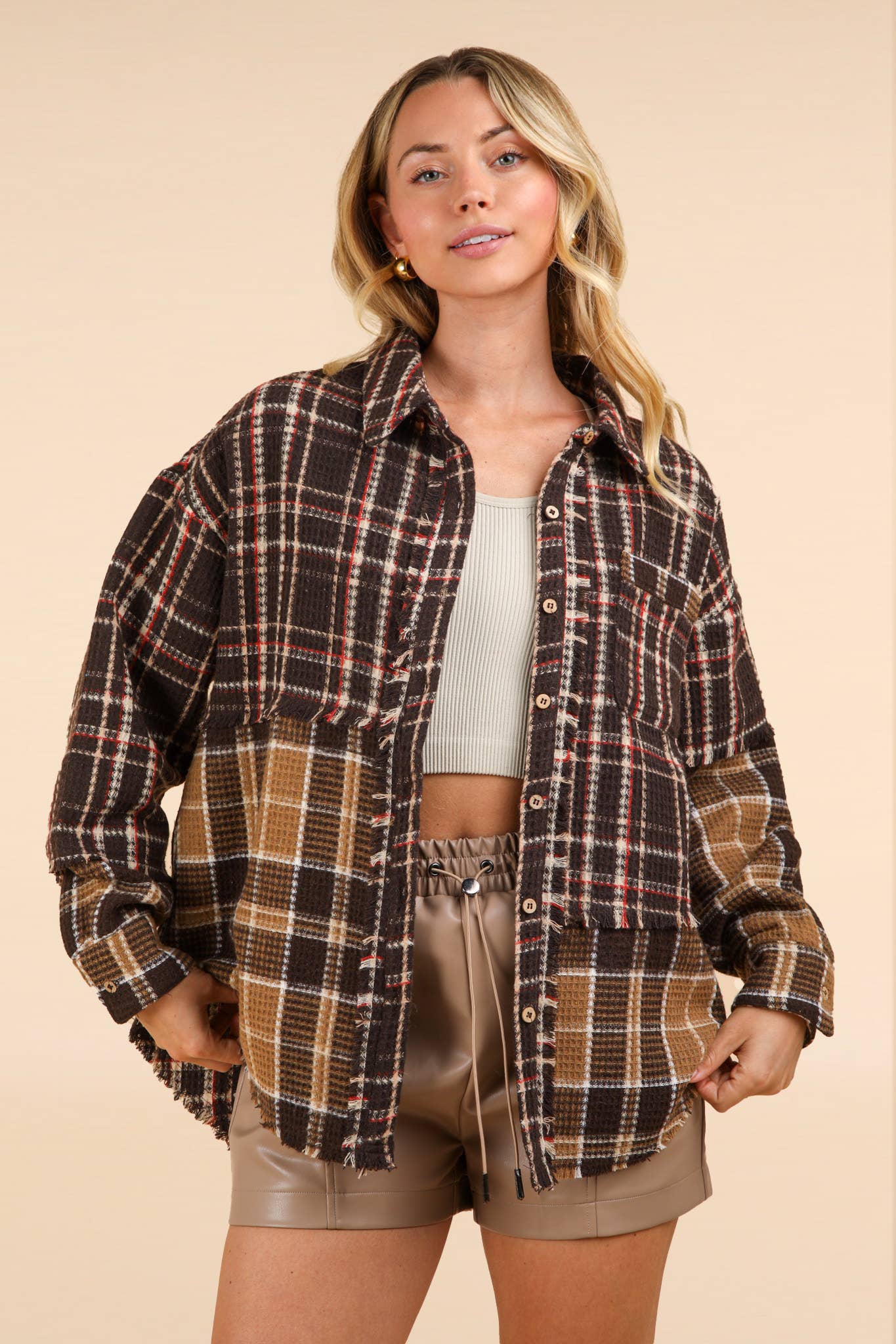 Mixed Plaid Oversized Casual Shacket Jacket