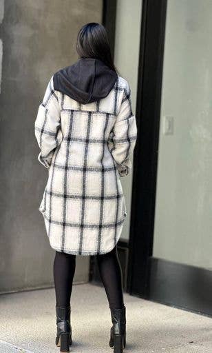 Oversize Long Flannel Plaid Shacket with Hoodie