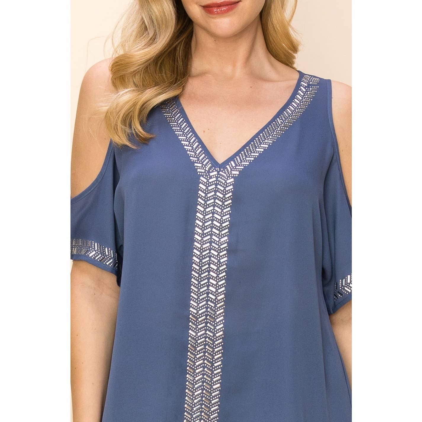 VOCAL - EMBELLISHED COLD SHOULDER SHORT SLEEVE BLOUSE