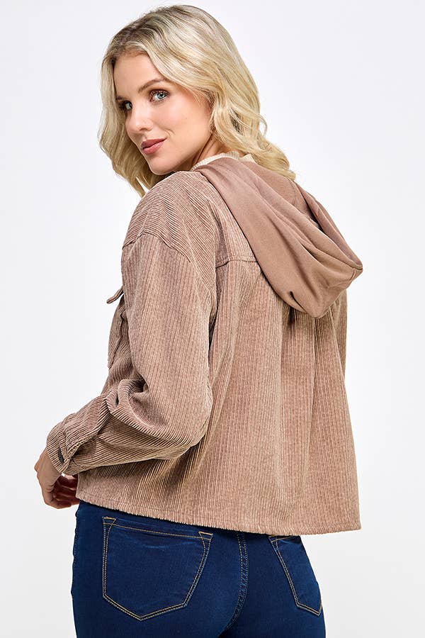 Women Corduroy Oversized Shacket, Hooded Shirt Jacket