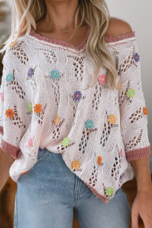 Colorblock Floral Embroidered Hollowed Sweater