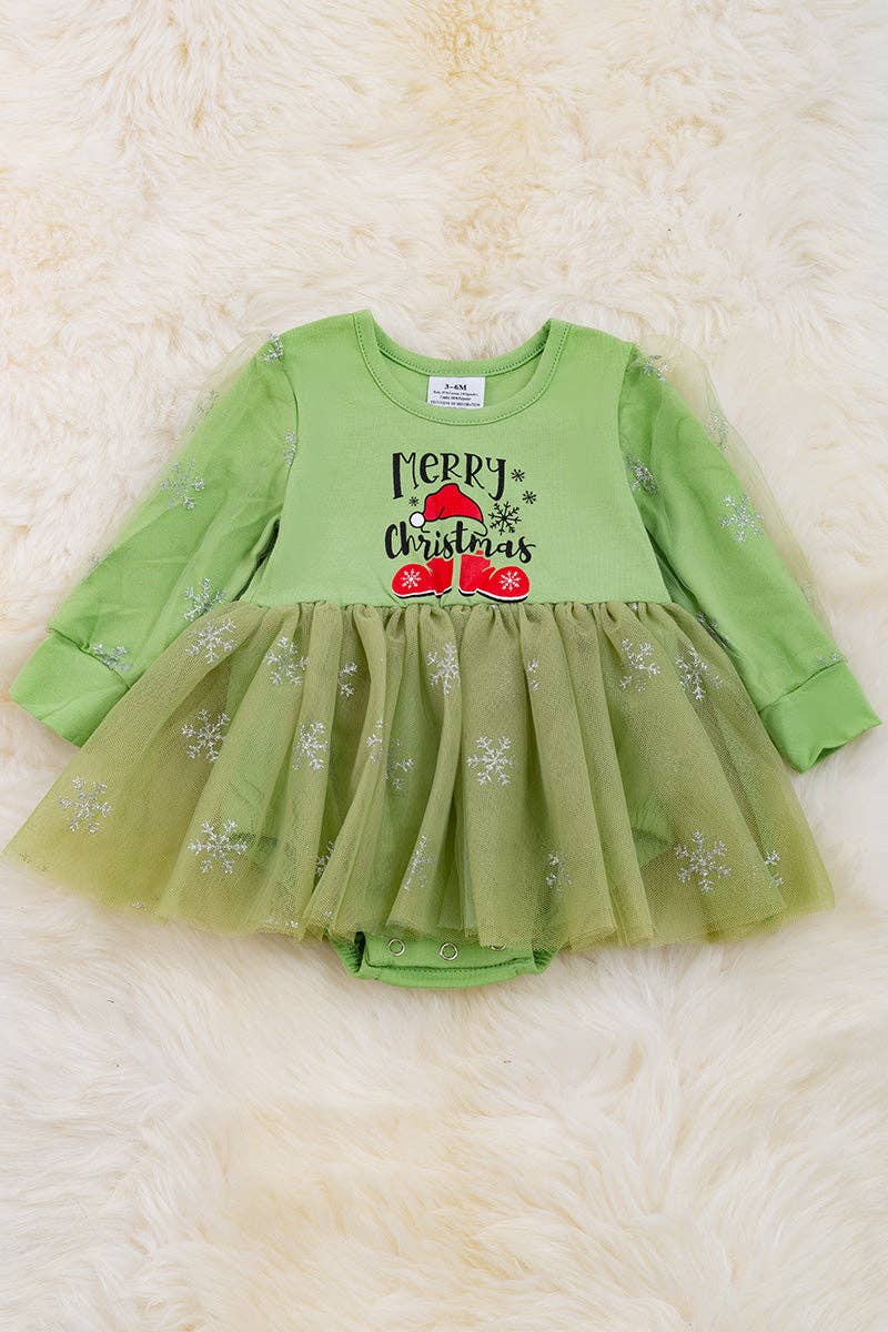 Kids Charm Online - "Merry Christmas" Green long sleeve dress with sparkly tulle. RPG50143023AMY
