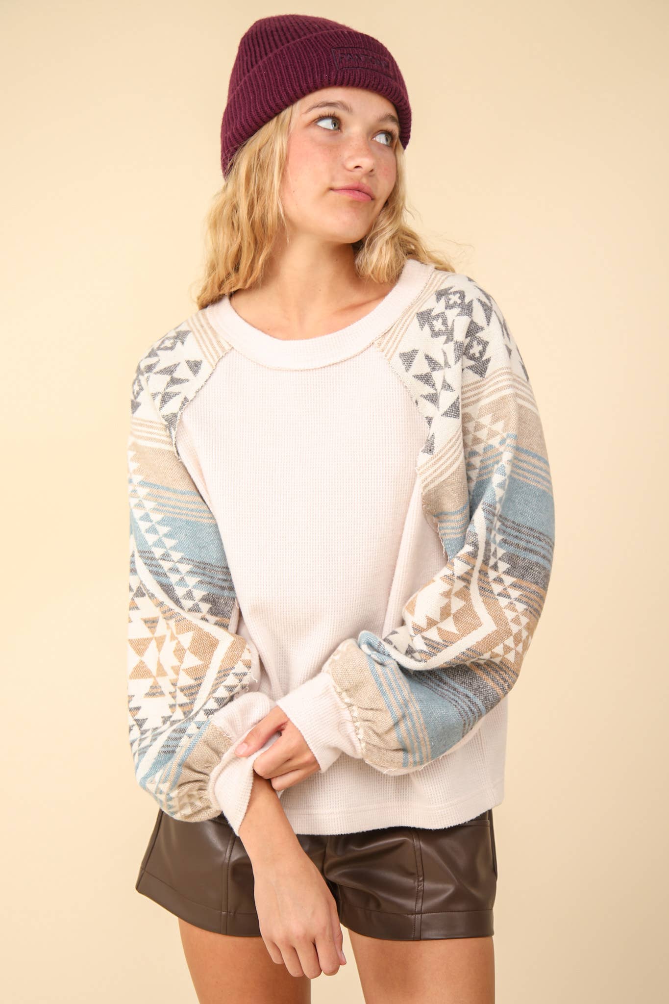 Aztec Printed Sleeve Oversized Cozy Knit Top