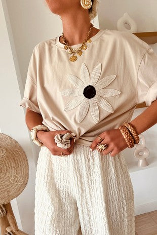 Crochet Floral Patched Drop Shoulder Loose Tee