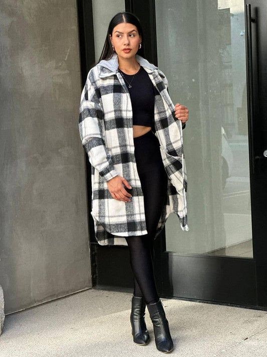 Oversize Long Flannel Plaid Shacket with Hoodie