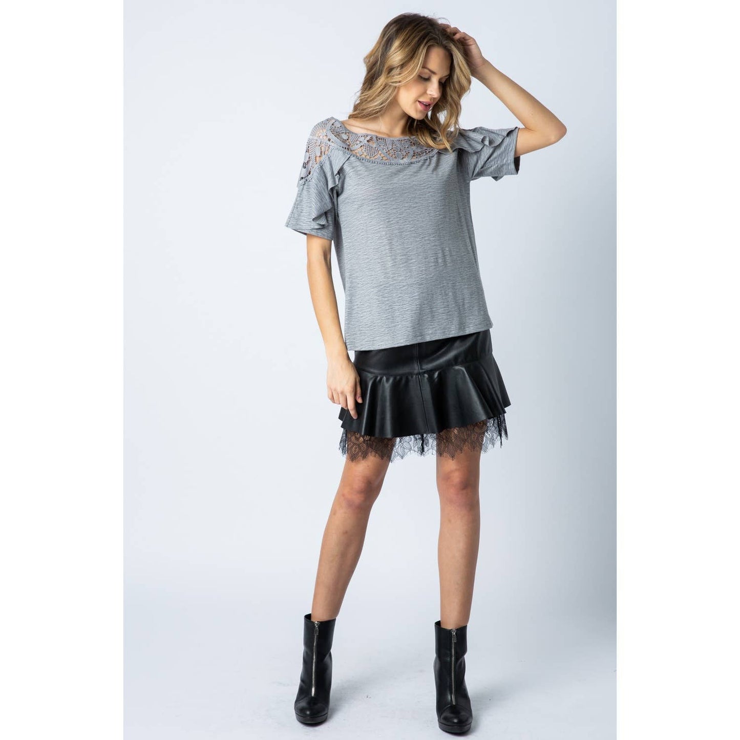 VOCAL - CROCHET LACE CONTRAST YOKE RUFFLE SHORT SLEEVE KNIT TOP