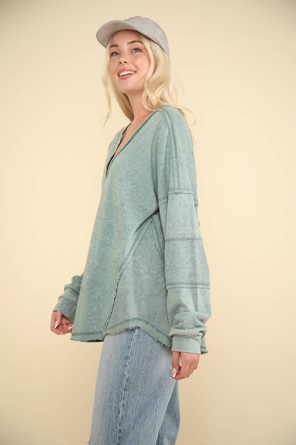 Washed Knit V-Neck Oversized Top