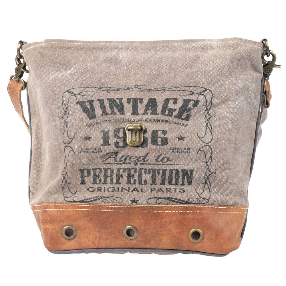 Vintage 1986 Canvas Shoulder Bag With Leather Trim And Flap