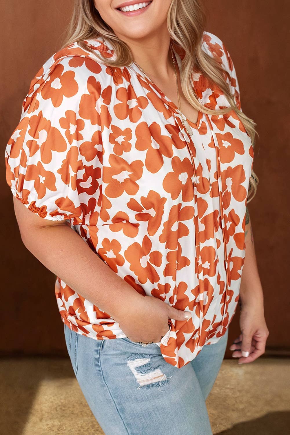 Plus Size Floral Print Drawstring V Neck Short Sleeve Blouse