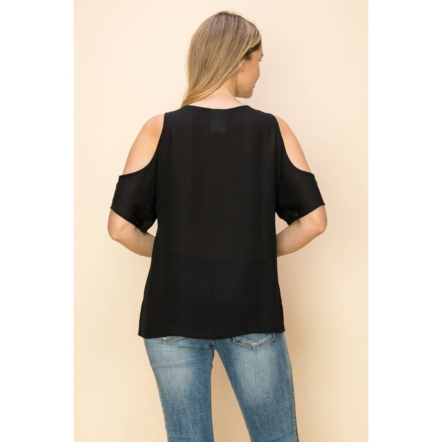 VOCAL - EMBELLISHED COLD SHOULDER SHORT SLEEVE BLOUSE