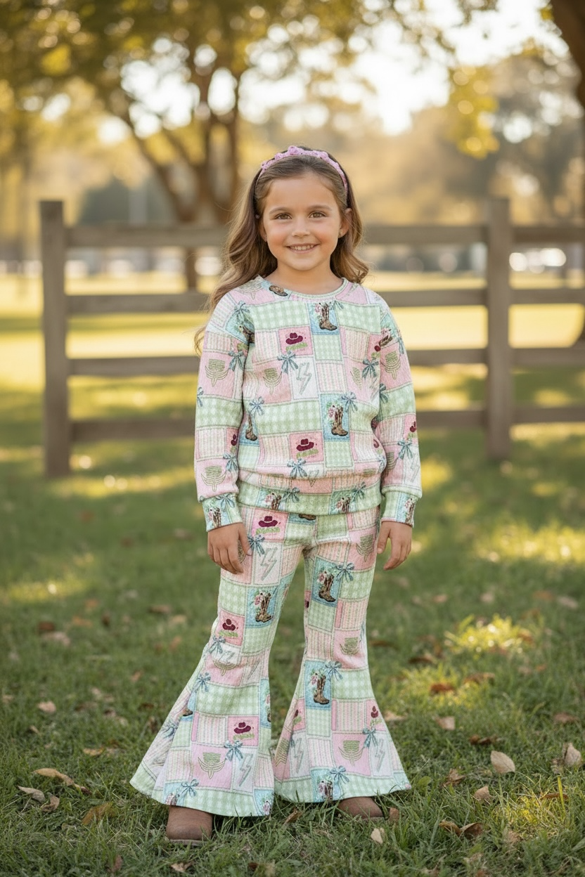 Multi- printed western patch girls 2 piece set.