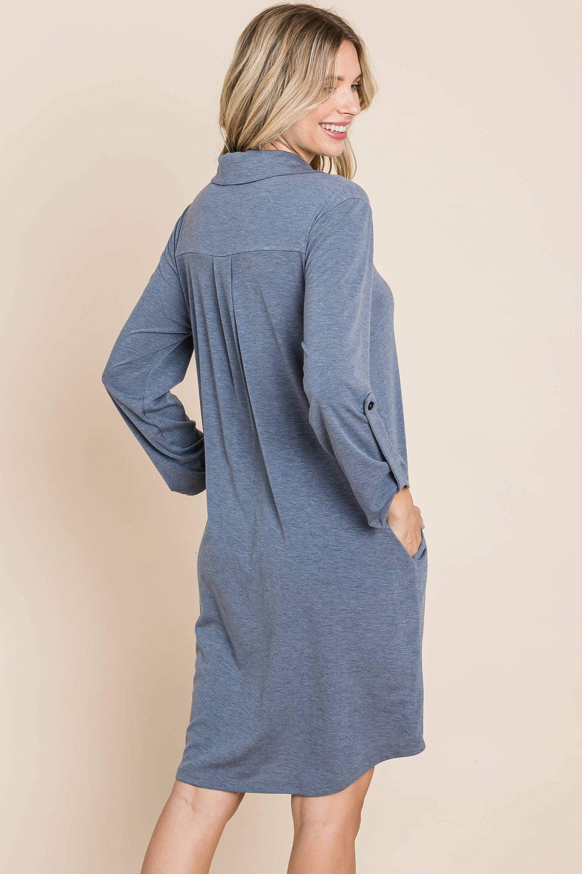 Solid Button Up Knee Dress