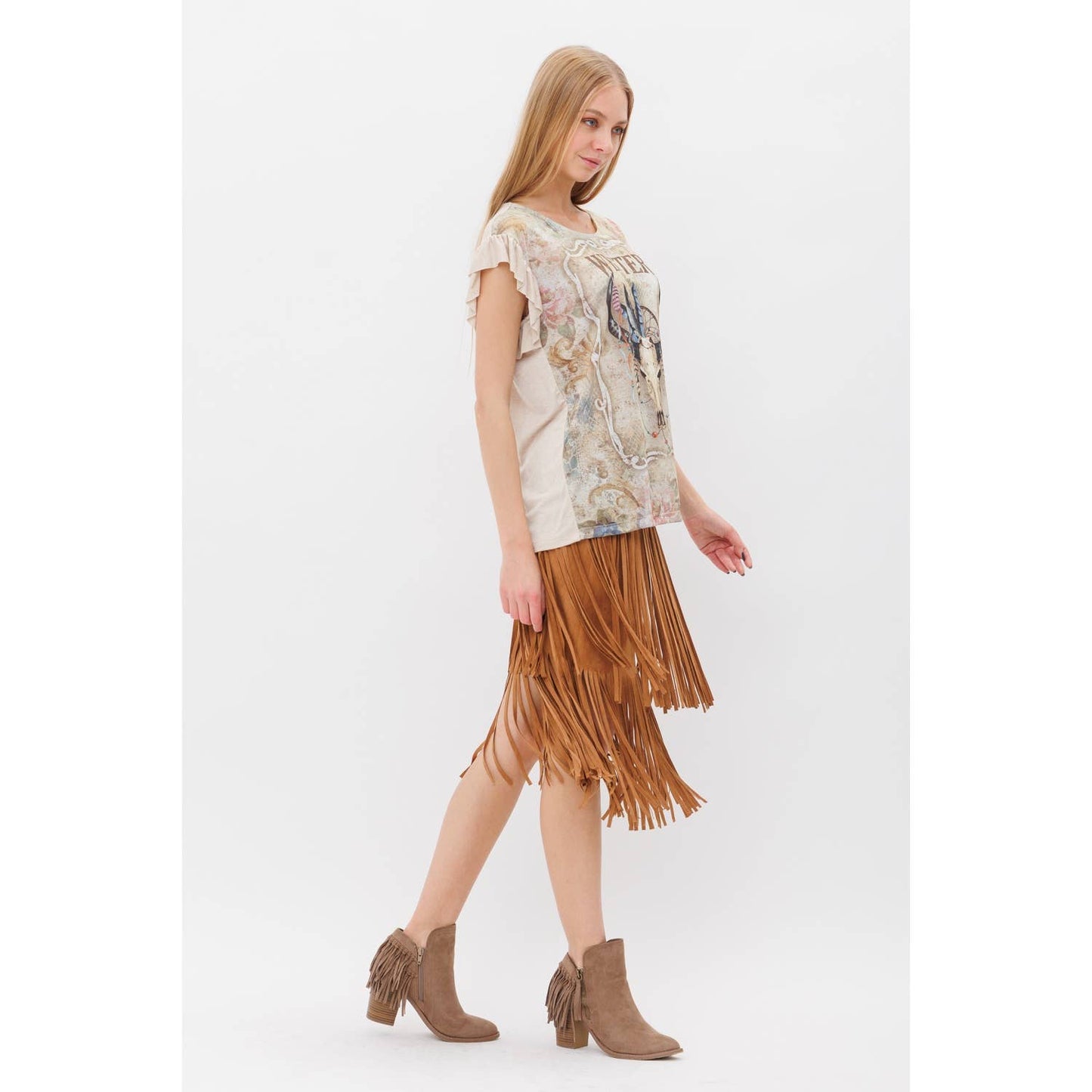 VOCAL - MULTICOLOR WESTERN PRINT RUFFLE SHORT SLEEVE KNIT TOP