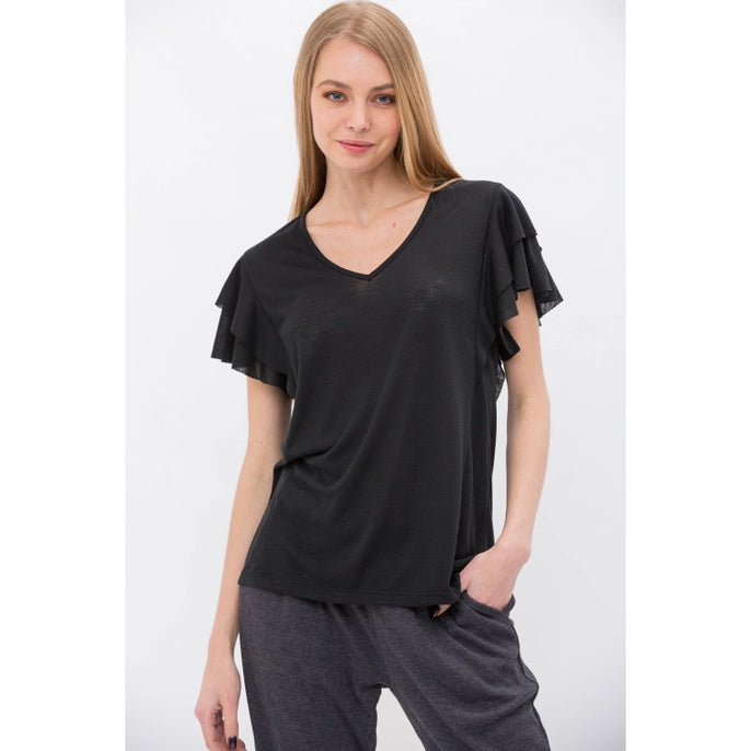 V Neck Flare Ruffle Short Sleeves Knit Top