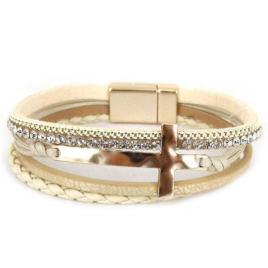 Suzie Q USA - Hammered Cross Leather Strap Magnetic Bracelet