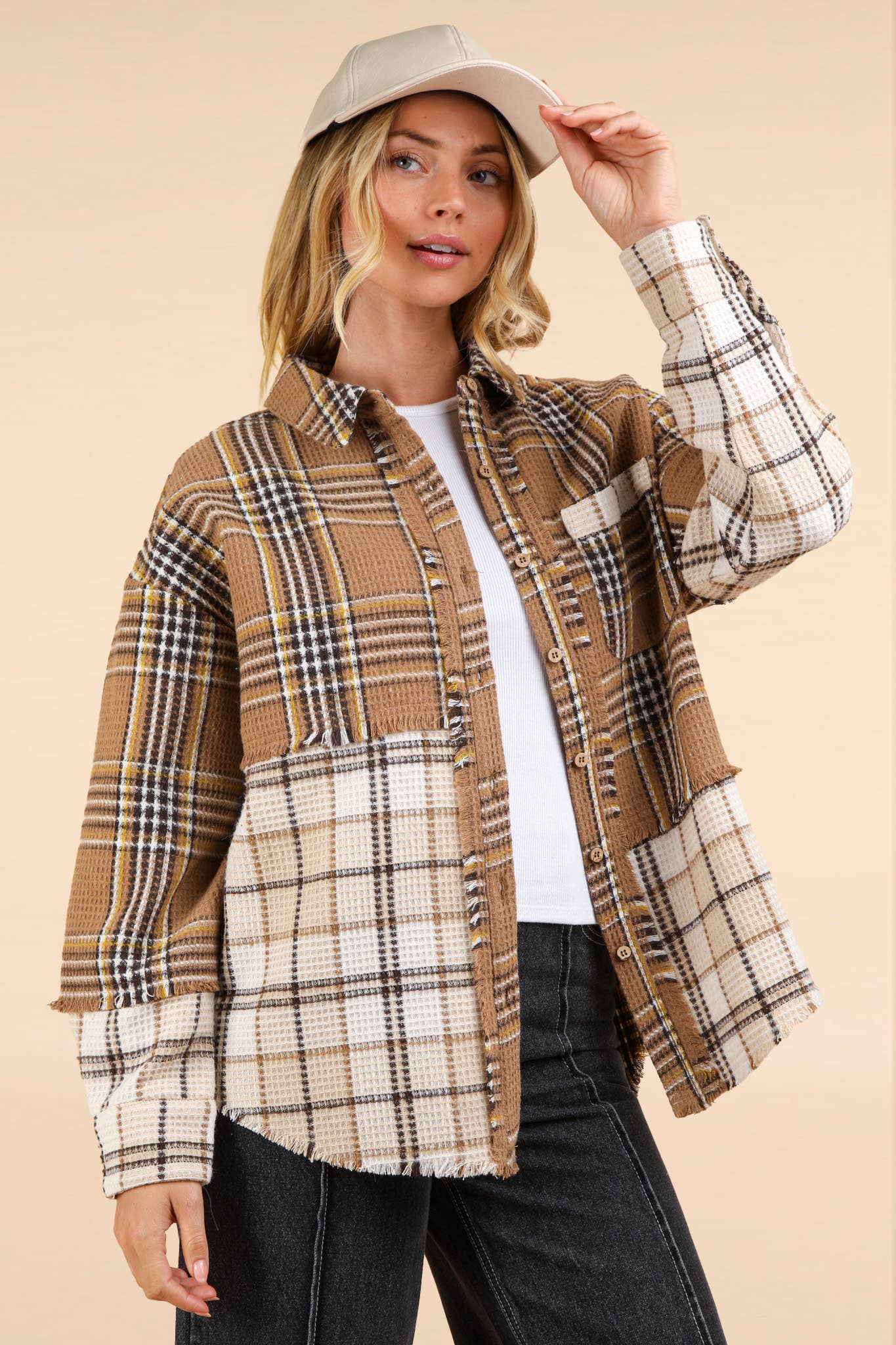 Mixed Plaid Oversized Casual Shacket Jacket