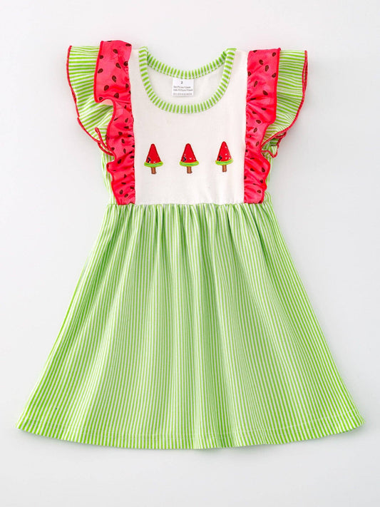 Girls Ice Cream Print Striped Ruffle Dress