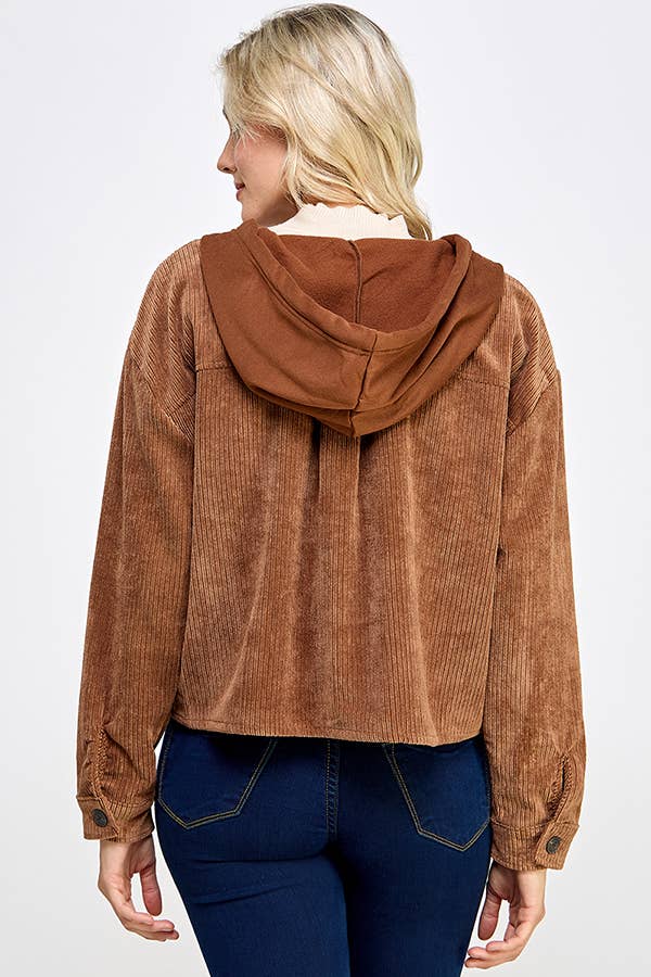 Women Corduroy Oversized Shacket, Hooded Shirt Jacket