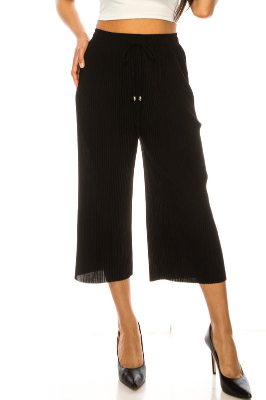 Solid Pleated Drawstring Cropped Wide Leg Pant