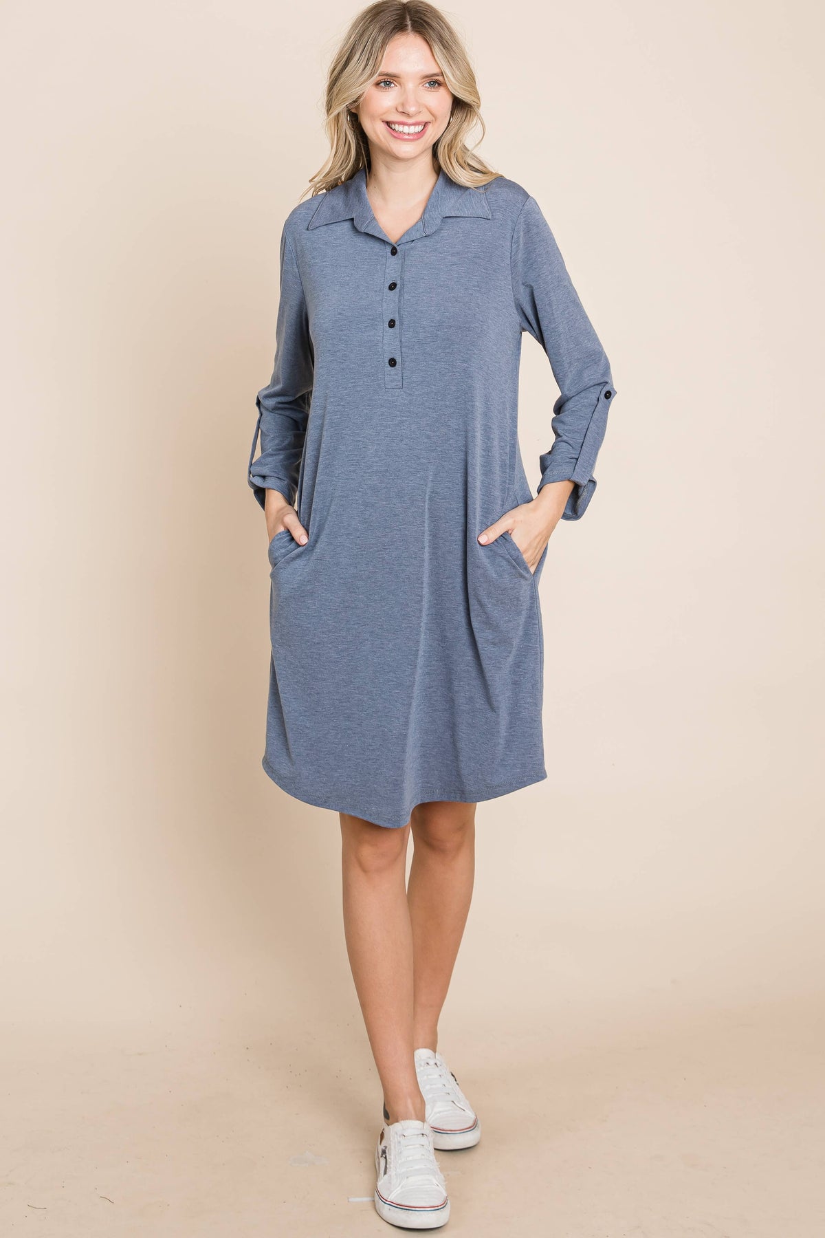 Solid Button Up Knee Dress