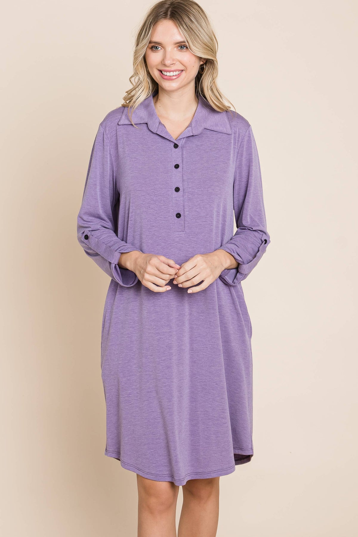 Solid Button Up Knee Dress