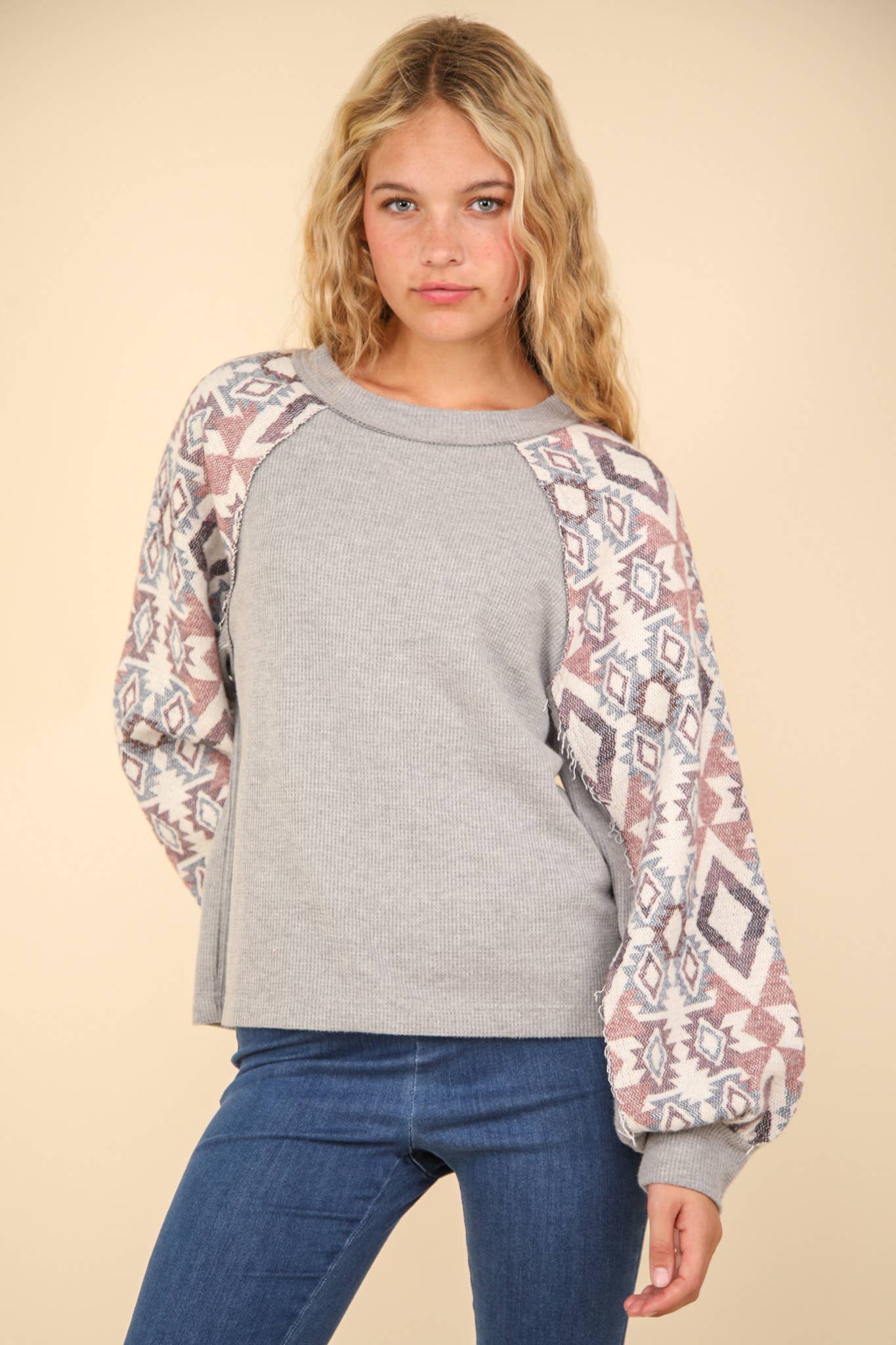 Aztec Printed Sleeve Oversized Cozy Knit Top