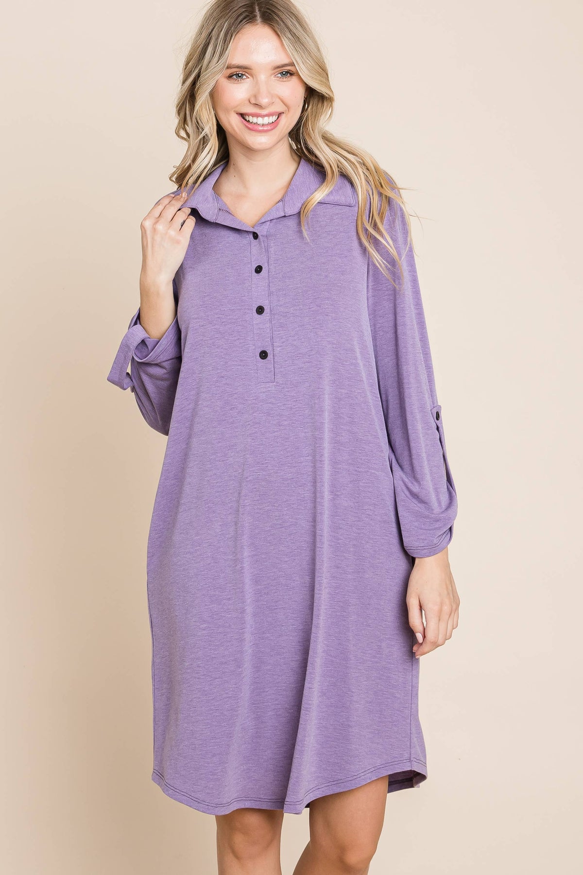 Solid Button Up Knee Dress