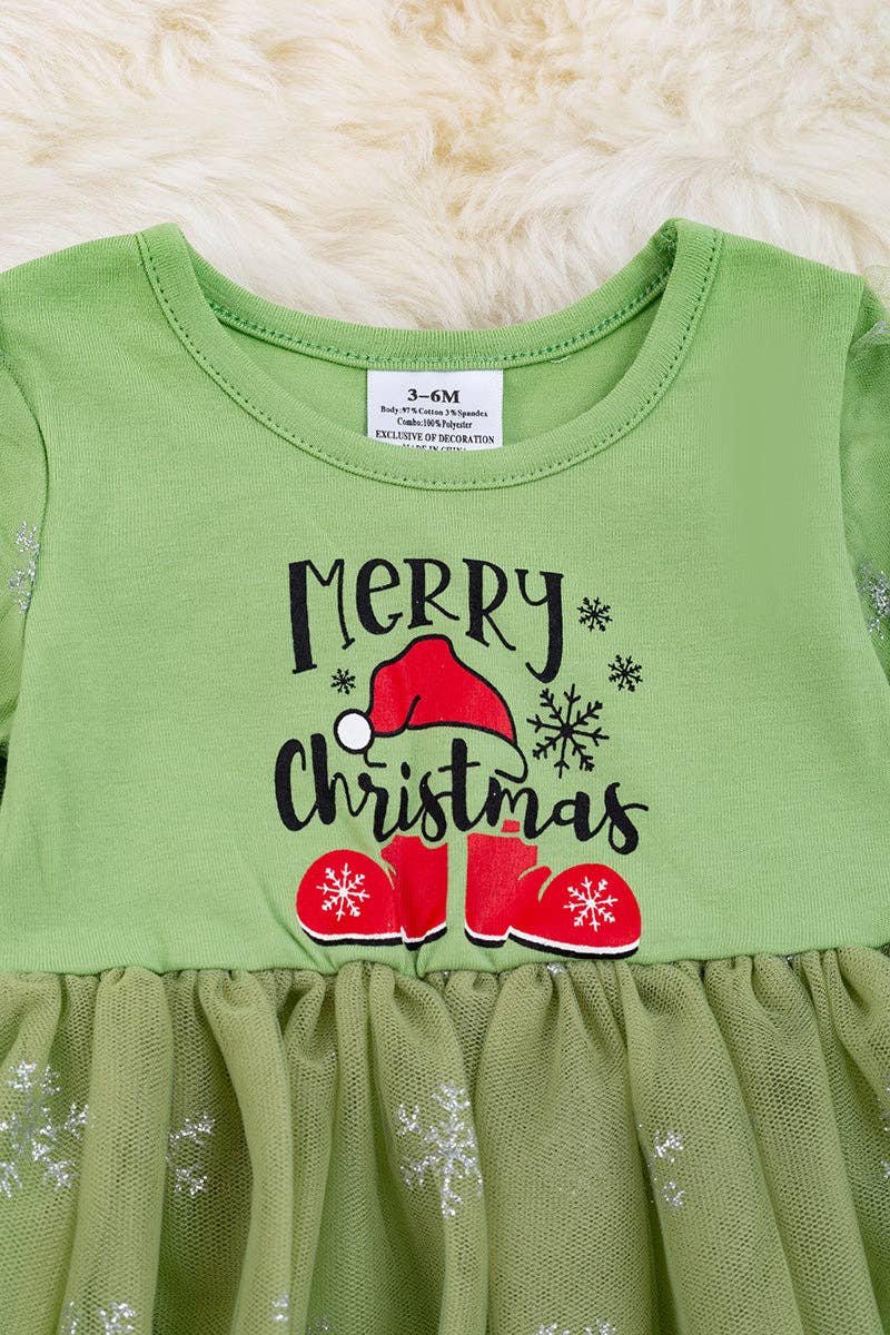 Kids Charm Online - "Merry Christmas" Green long sleeve dress with sparkly tulle. RPG50143023AMY