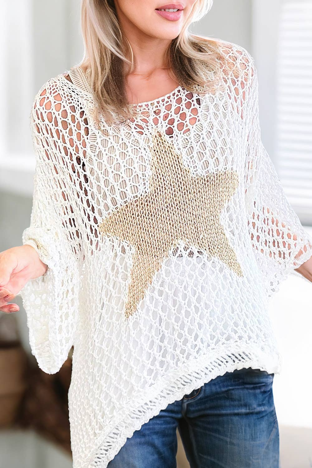 Aapparella - Women Star Graphic Crochet Knit Loose Sweater Top | S-XL