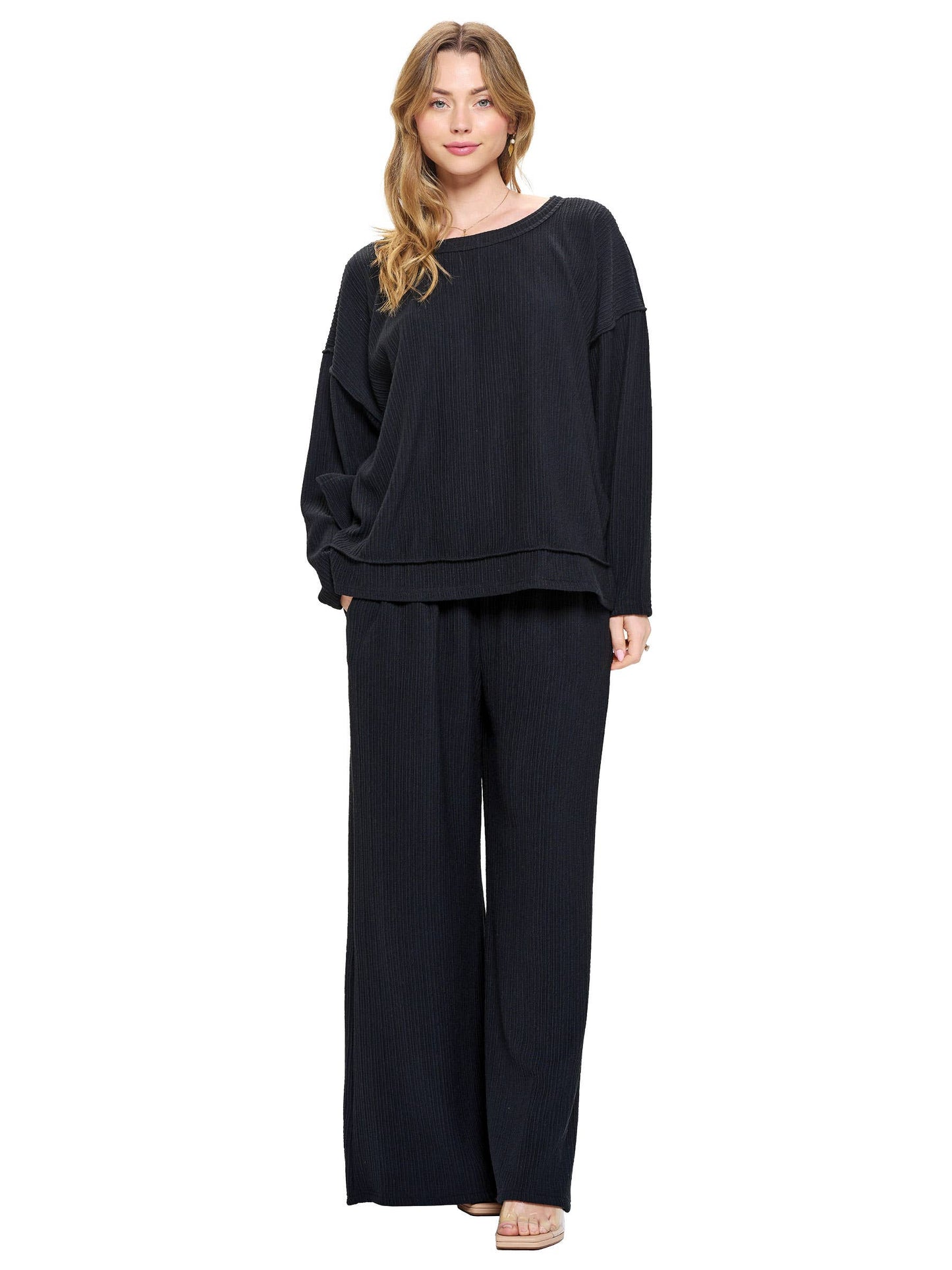 Pants Casual Easy Fit Wide Leg Ribbed