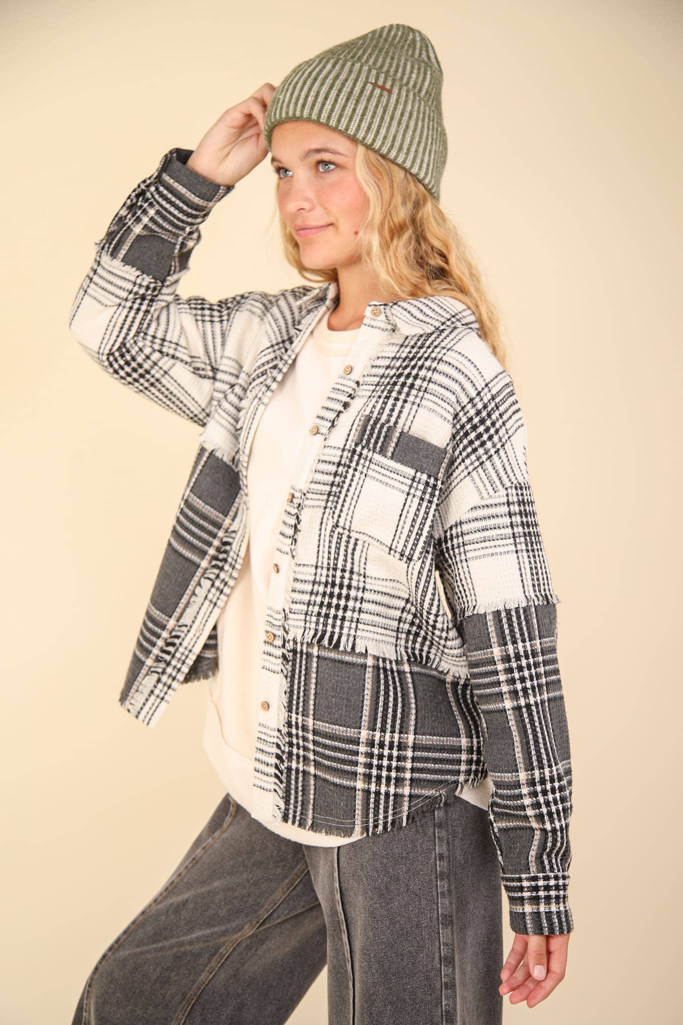 Mixed Plaid Oversized Casual Shacket Jacket