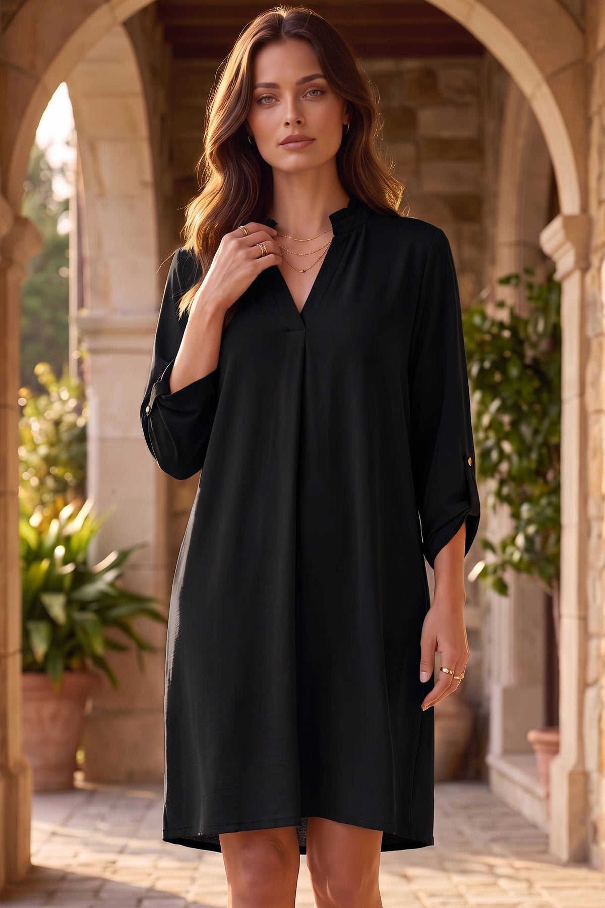 Ruffle Neckline A-Line Lizzy 3/4 Sleeve Dress