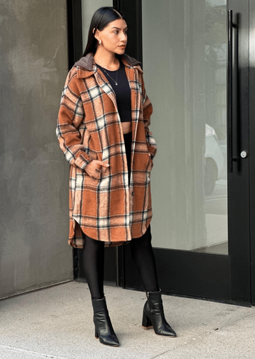 Oversize Long Flannel Plaid Shacket with Hoodie