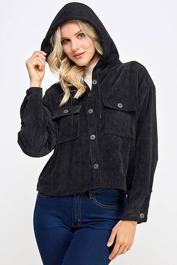 Women Corduroy Oversized Shacket, Hooded Shirt Jacket