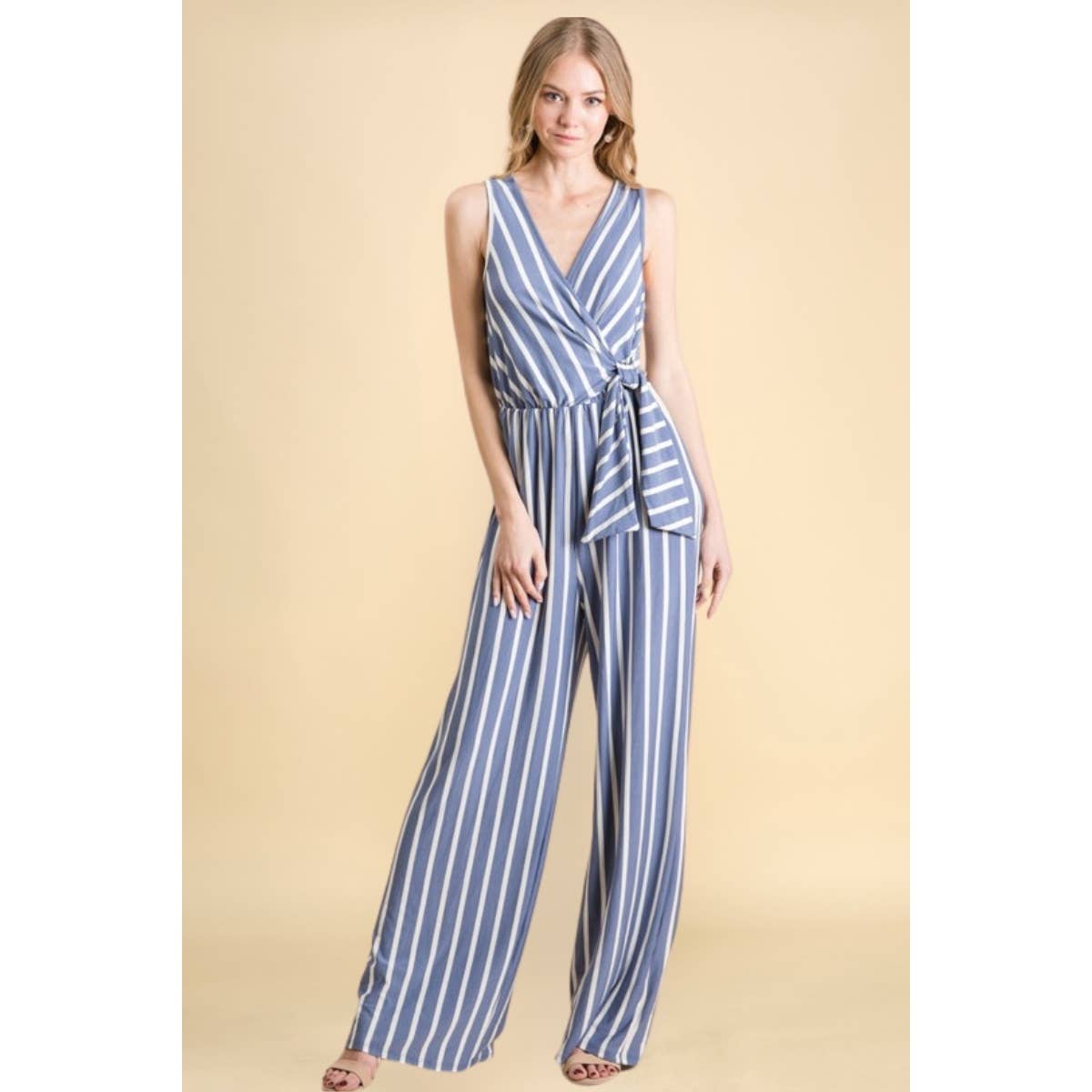 Striped Tie Keyhole Back Jumpsuit