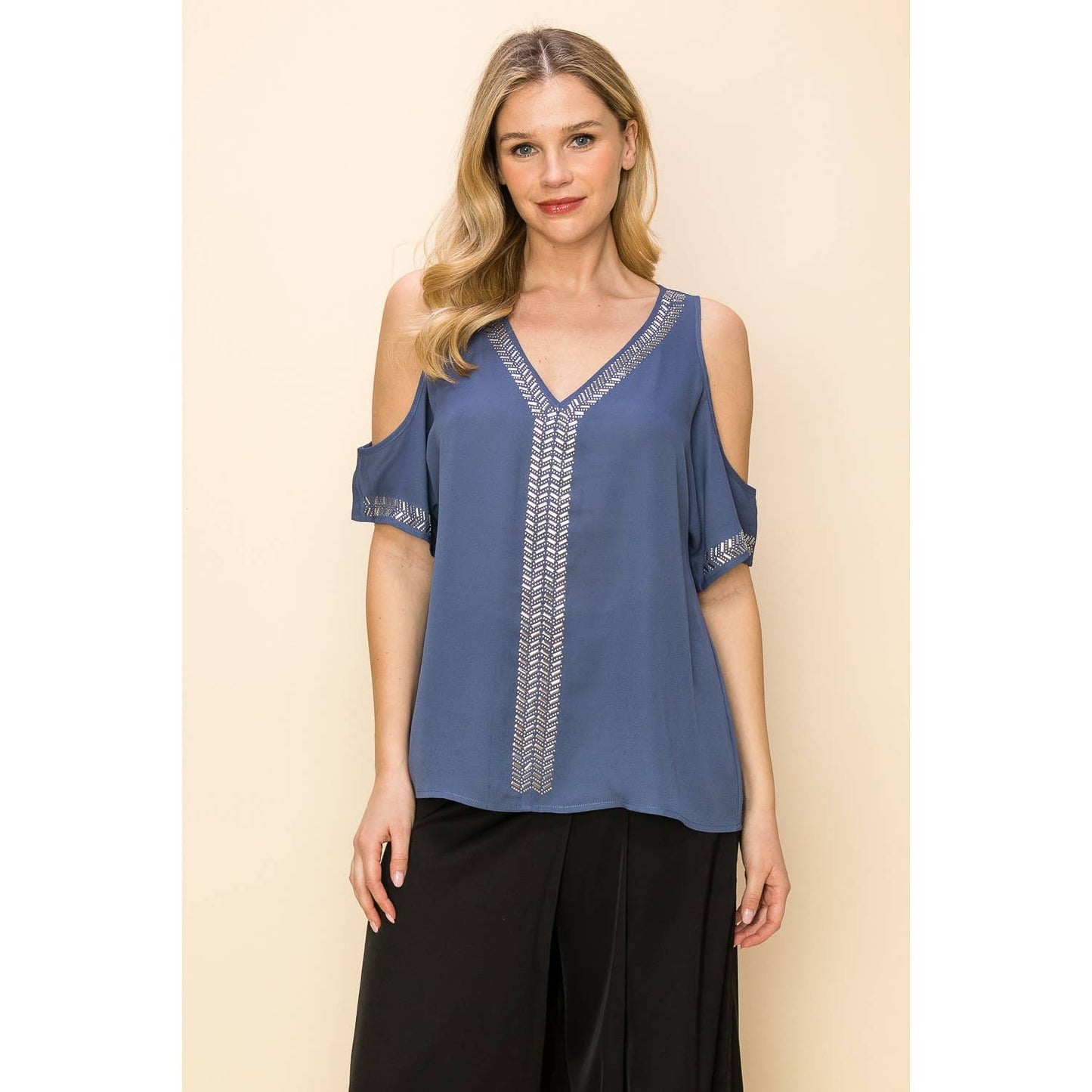 VOCAL - EMBELLISHED COLD SHOULDER SHORT SLEEVE BLOUSE