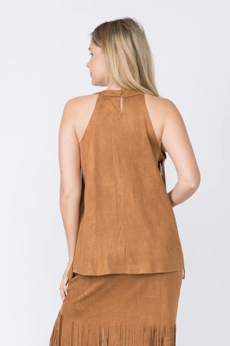 Sleeveless Suede Fringed Top