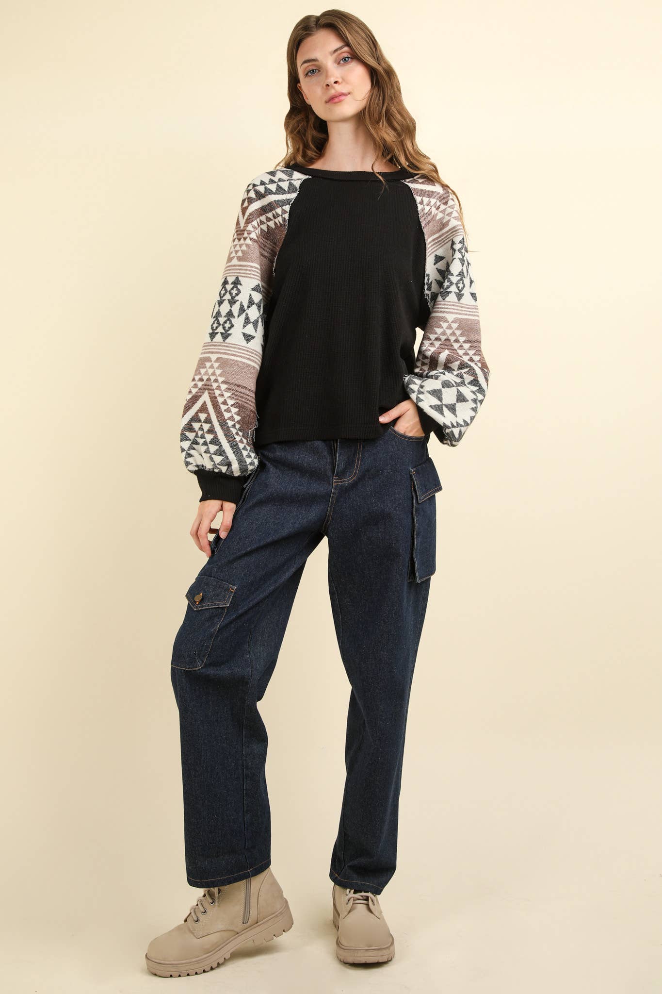 Aztec Printed Sleeve Oversized Cozy Knit Top