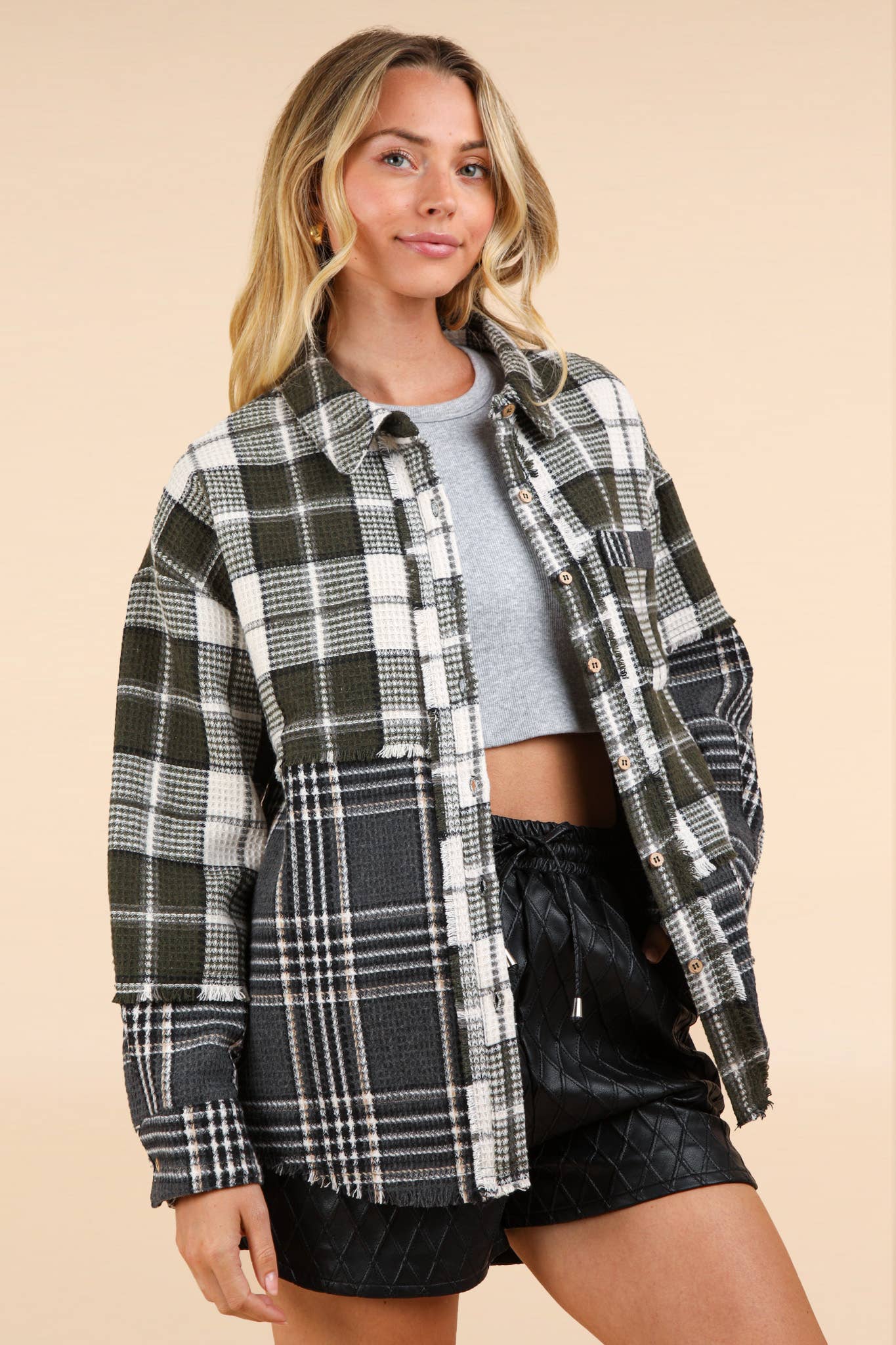 Mixed Plaid Oversized Casual Shacket Jacket