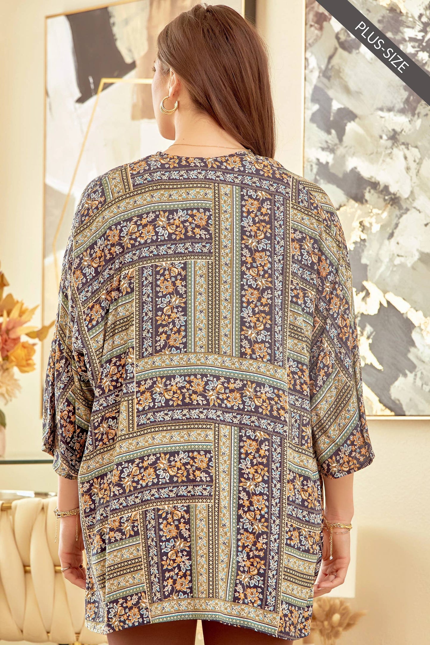 PLUS SIZE Floral Print Open Front Kimono