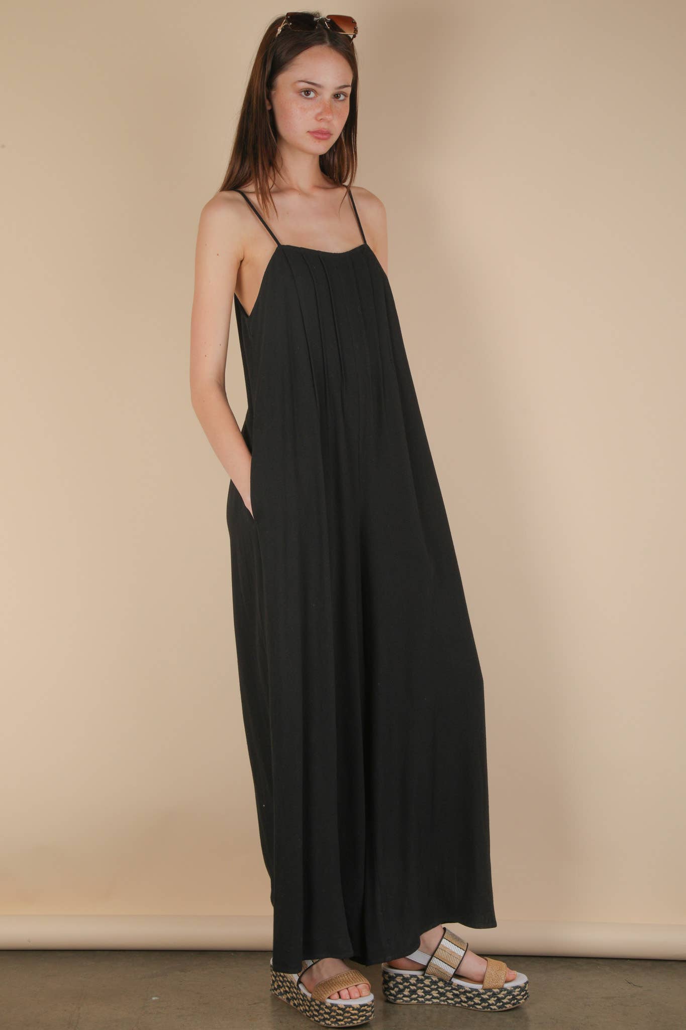 Pleated Solid Woven Sleeveless Jumpsuit