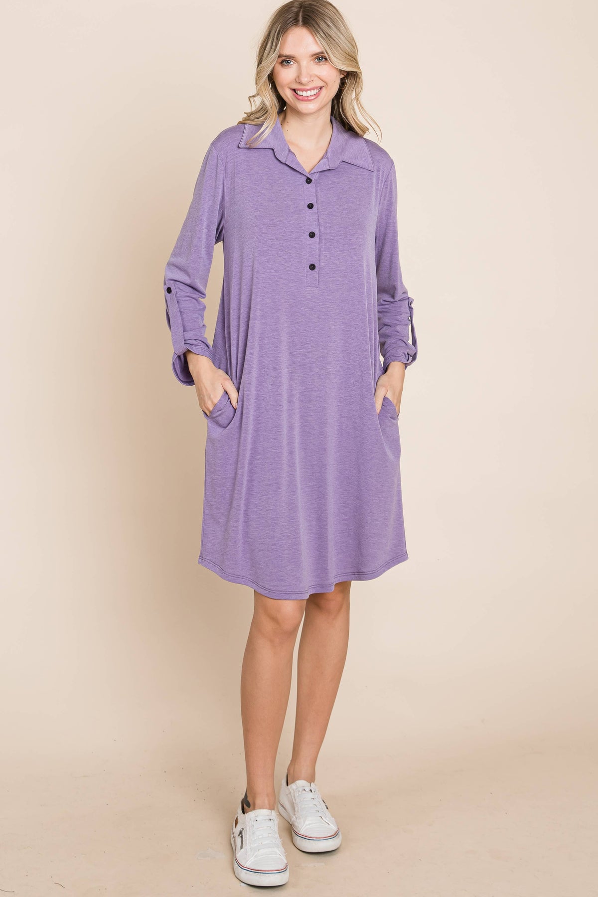 Solid Button Up Knee Dress