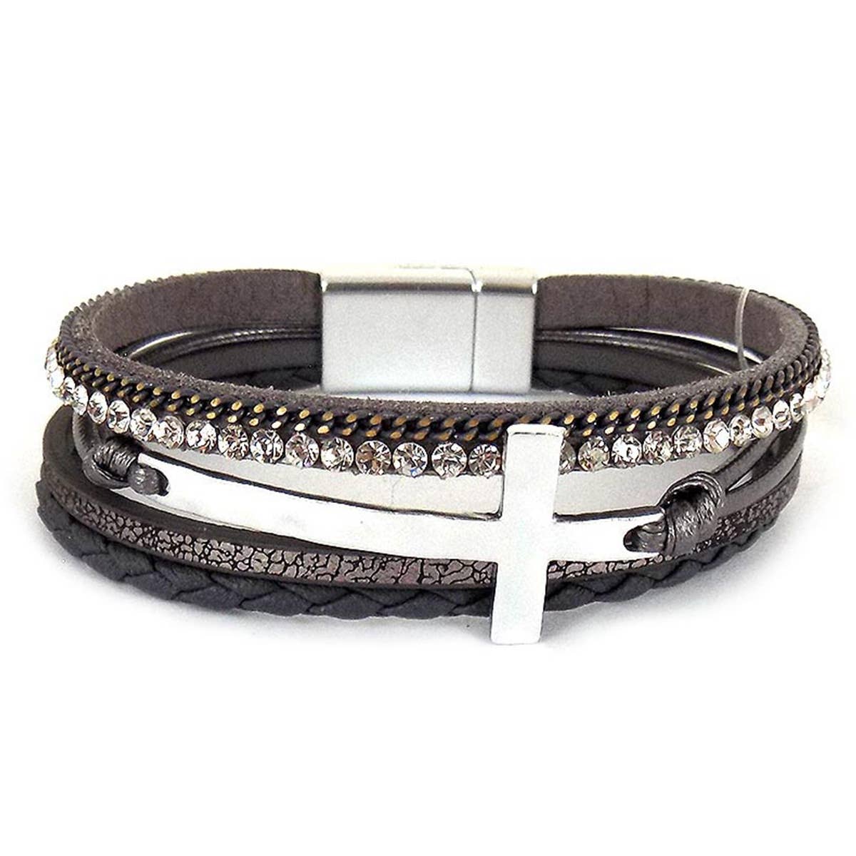 Suzie Q USA - Hammered Cross Leather Strap Magnetic Bracelet