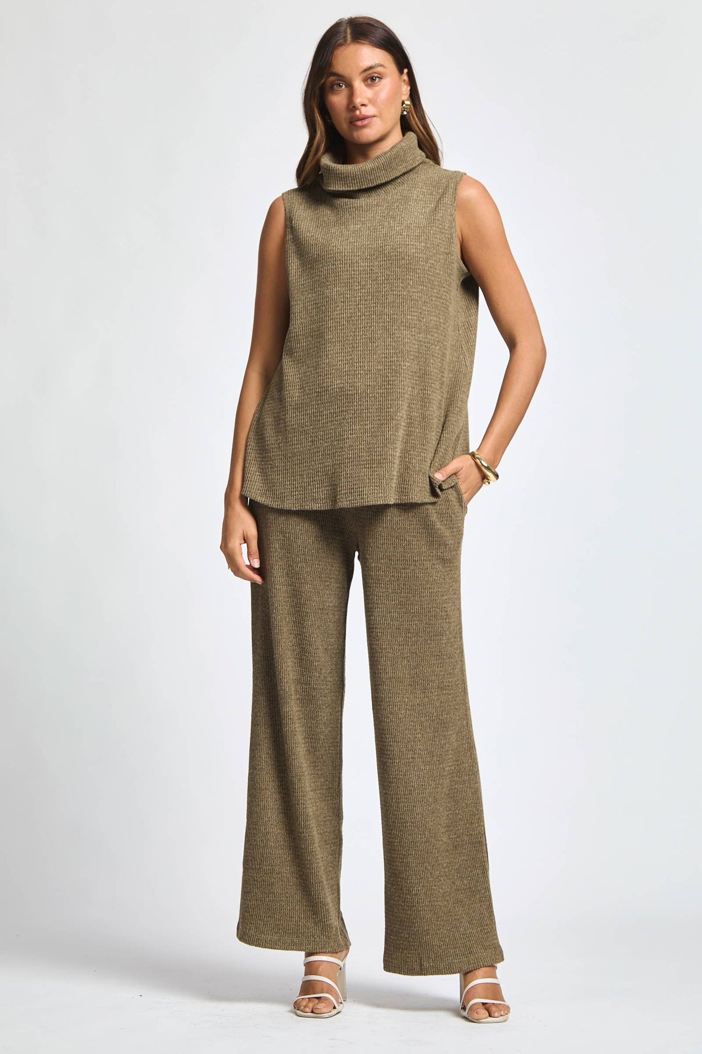 Dear Scarlett - 3 Piece Set Cowl Neck Tank Top + Cardigan + Pants
