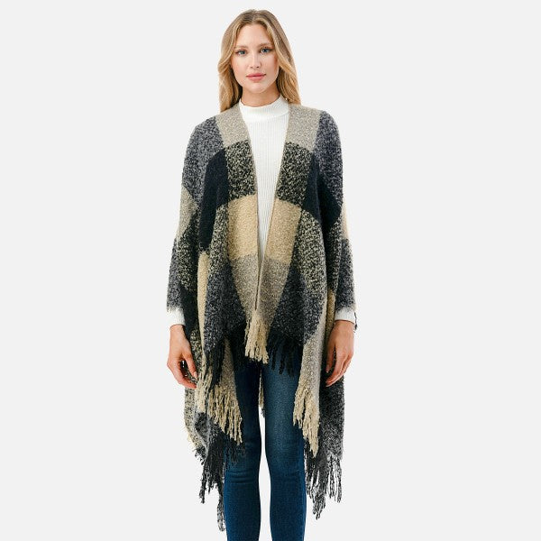 Plaid Ruana with fringe hem