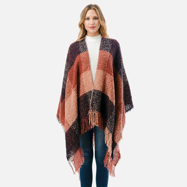 Plaid Ruana with fringe hem