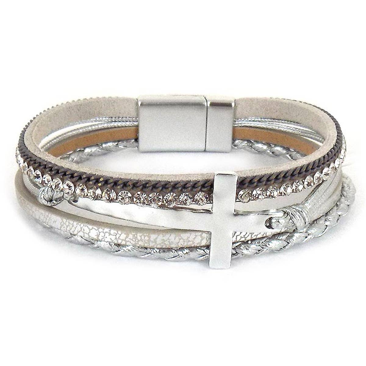 Suzie Q USA - Hammered Cross Leather Strap Magnetic Bracelet