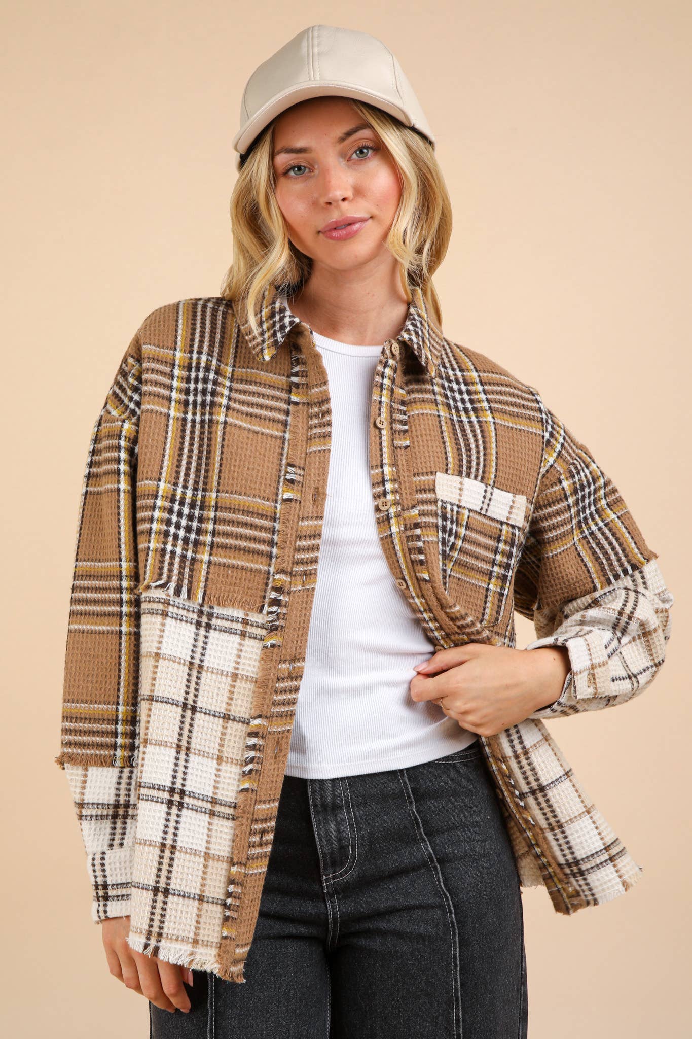 Mixed Plaid Oversized Casual Shacket Jacket