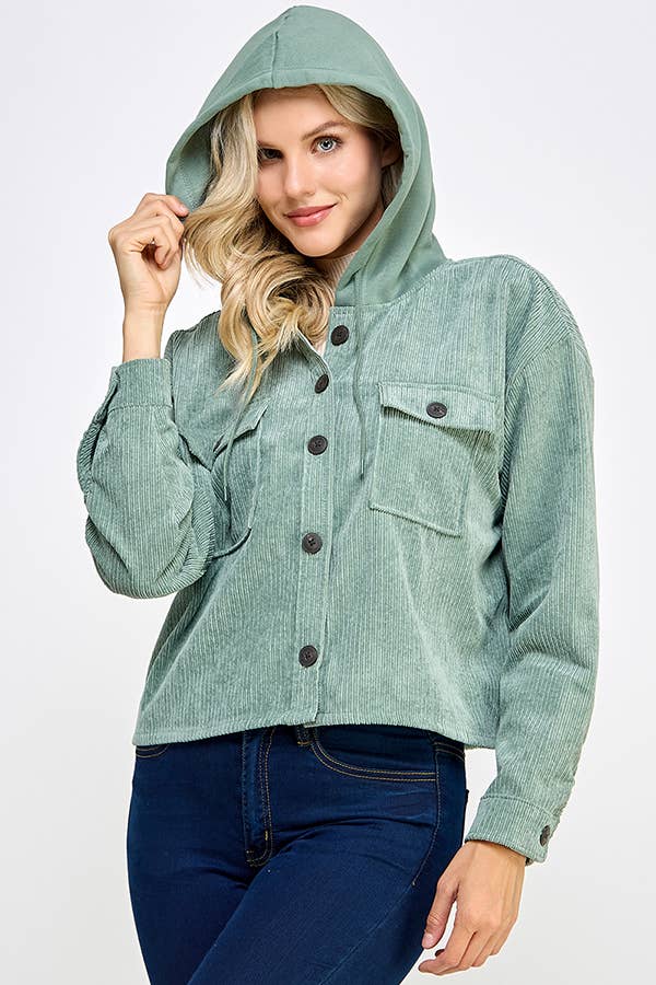 Women Corduroy Oversized Shacket, Hooded Shirt Jacket